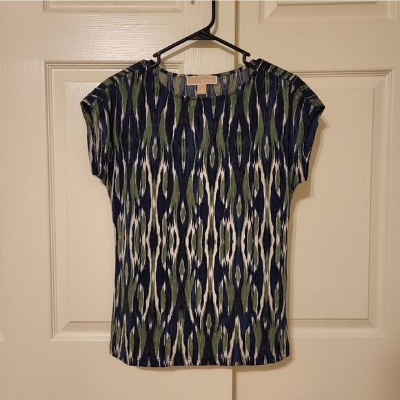 NWOT MICHAEL Michael Kors green/navy/white smeared short-sleeved blouse - Picture 1 of 6